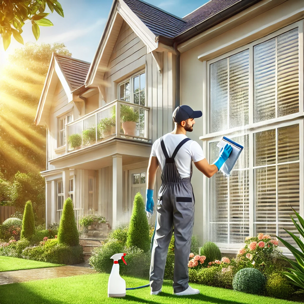 Professional cleaner wiping window blinds on a clean, well-maintained home exterior, enhancing curb appeal with spotless windows and a tidy garden in a sunny setting.